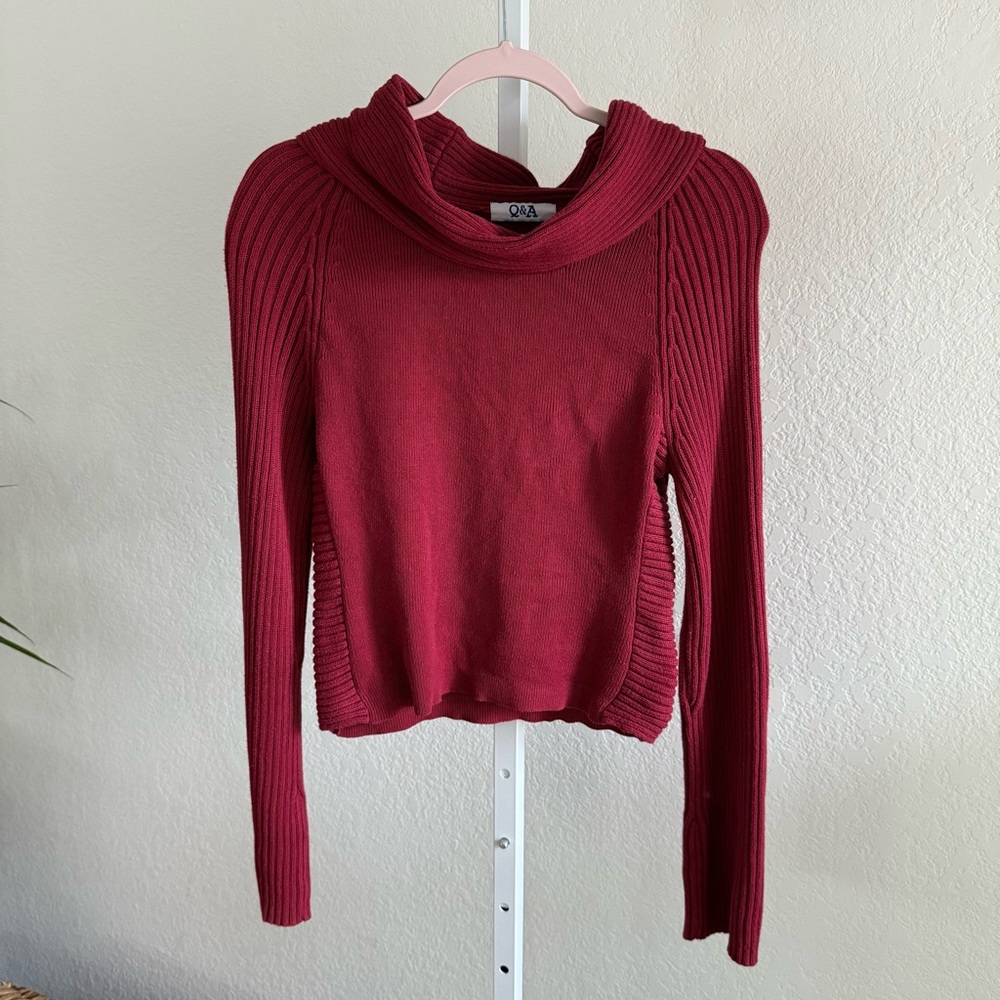 Vintage Sweater Red Ribbed Knit Women's M Cowl Neck Long Sleeve 100% Cotton Y2K